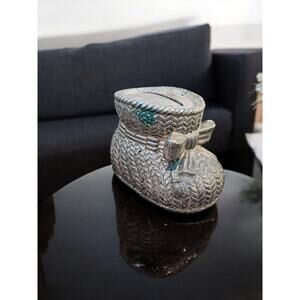 Leonard Silver Plate? Vintage Coin Bank Baby Nursery Boot Bow No Bottom 13oz